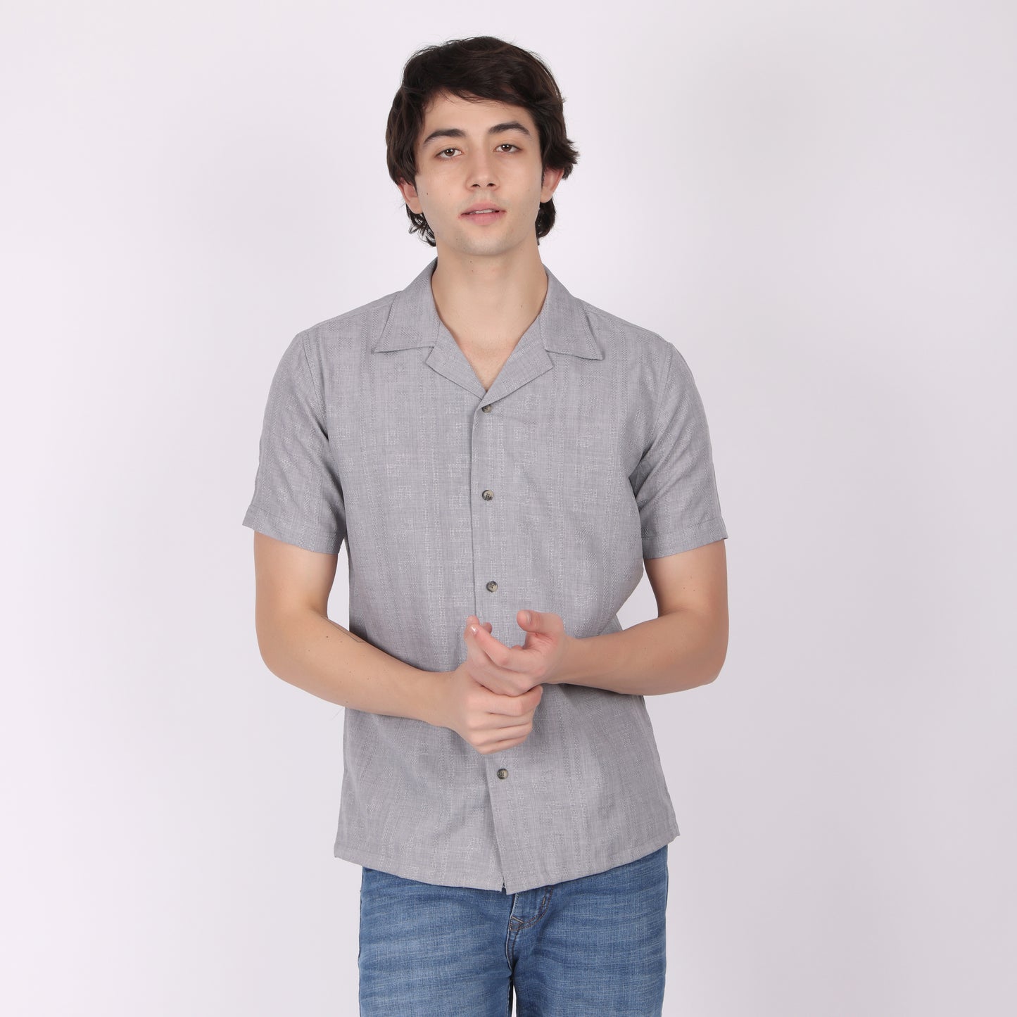 Men's Grey Textured Short Sleeve Shirt