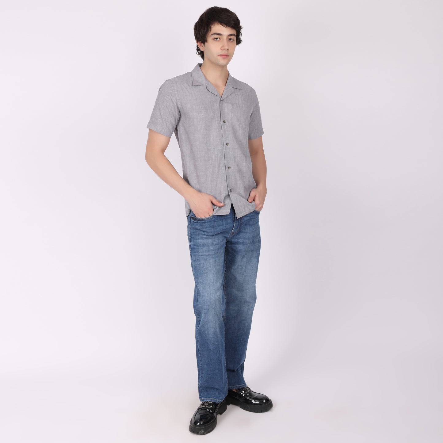 Men's Grey Textured Short Sleeve Shirt