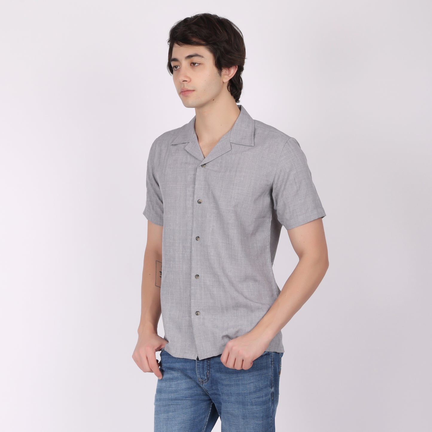 Men's Grey Textured Short Sleeve Shirt