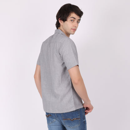Men's Grey Textured Short Sleeve Shirt