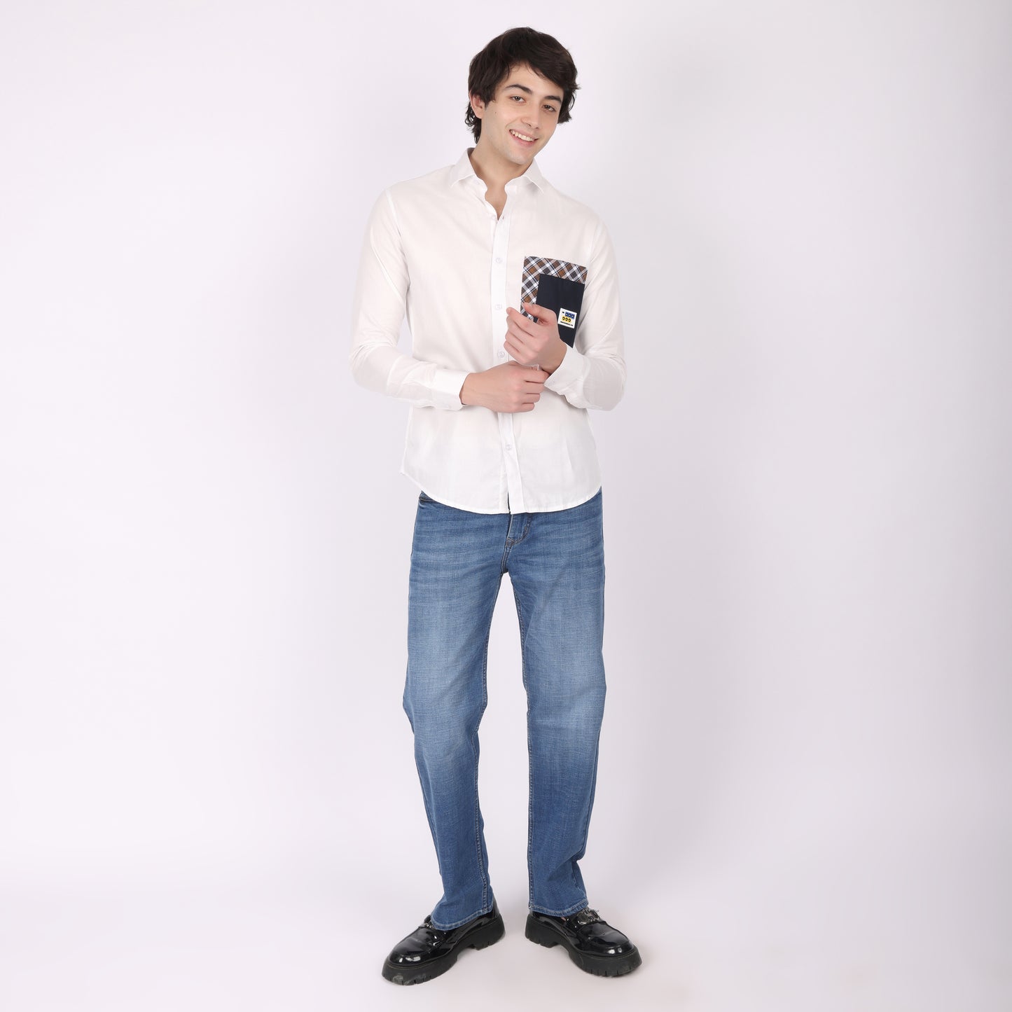 Men's White Designer Shirt with Checks Pocket Detail