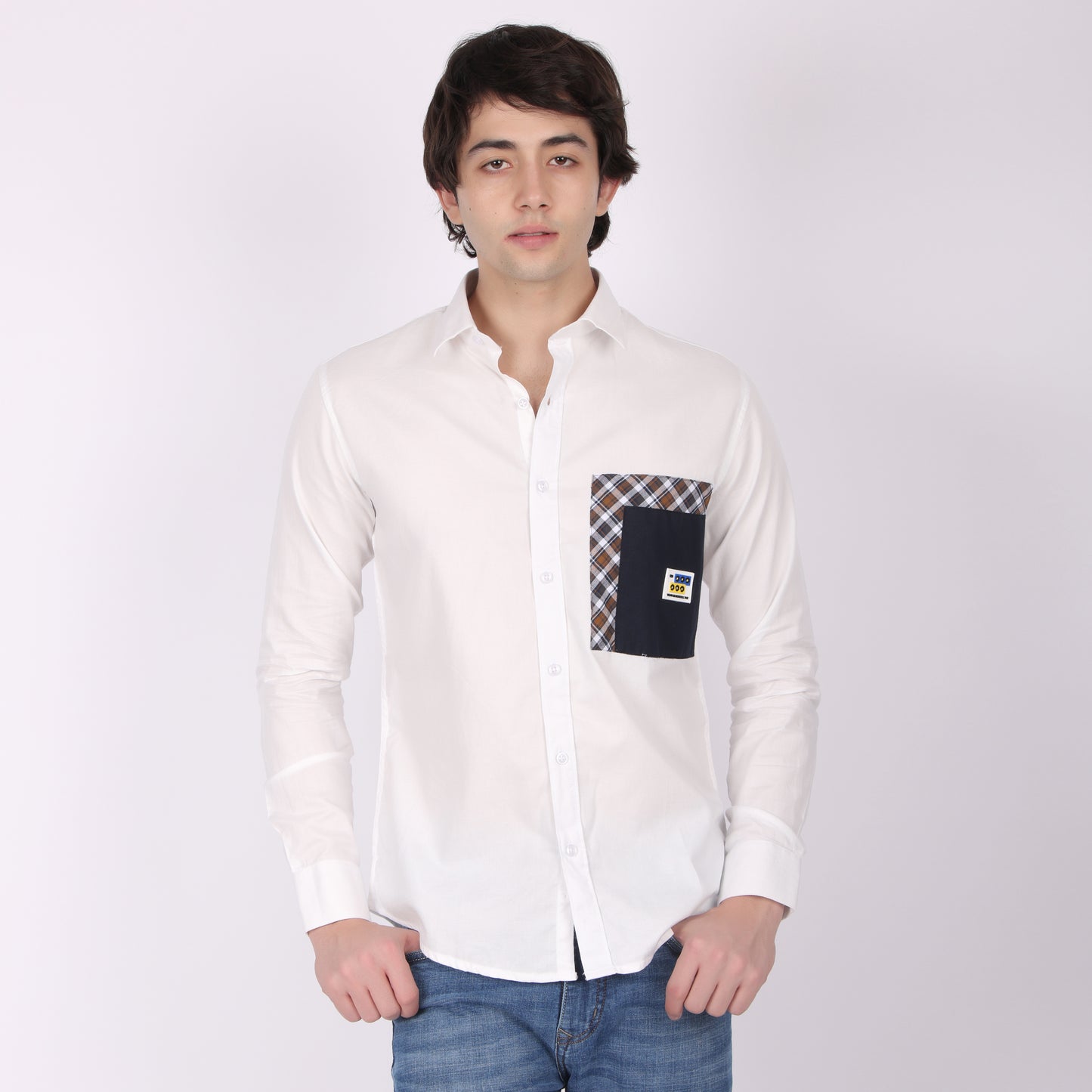 Men's White Designer Shirt with Checks Pocket Detail
