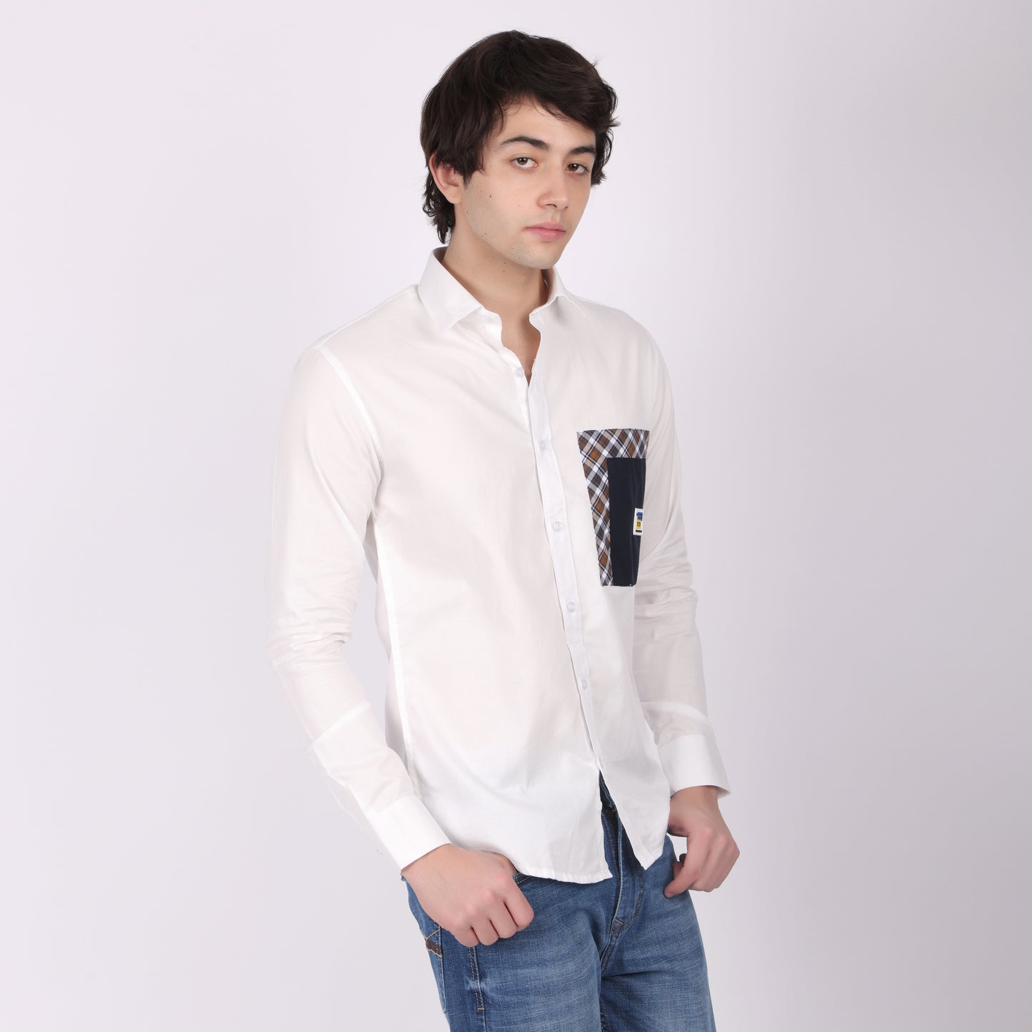 Men's White Designer Shirt with Checks Pocket Detail