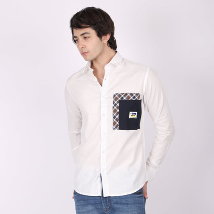 Men's White Designer Shirt with Checks Pocket Detail