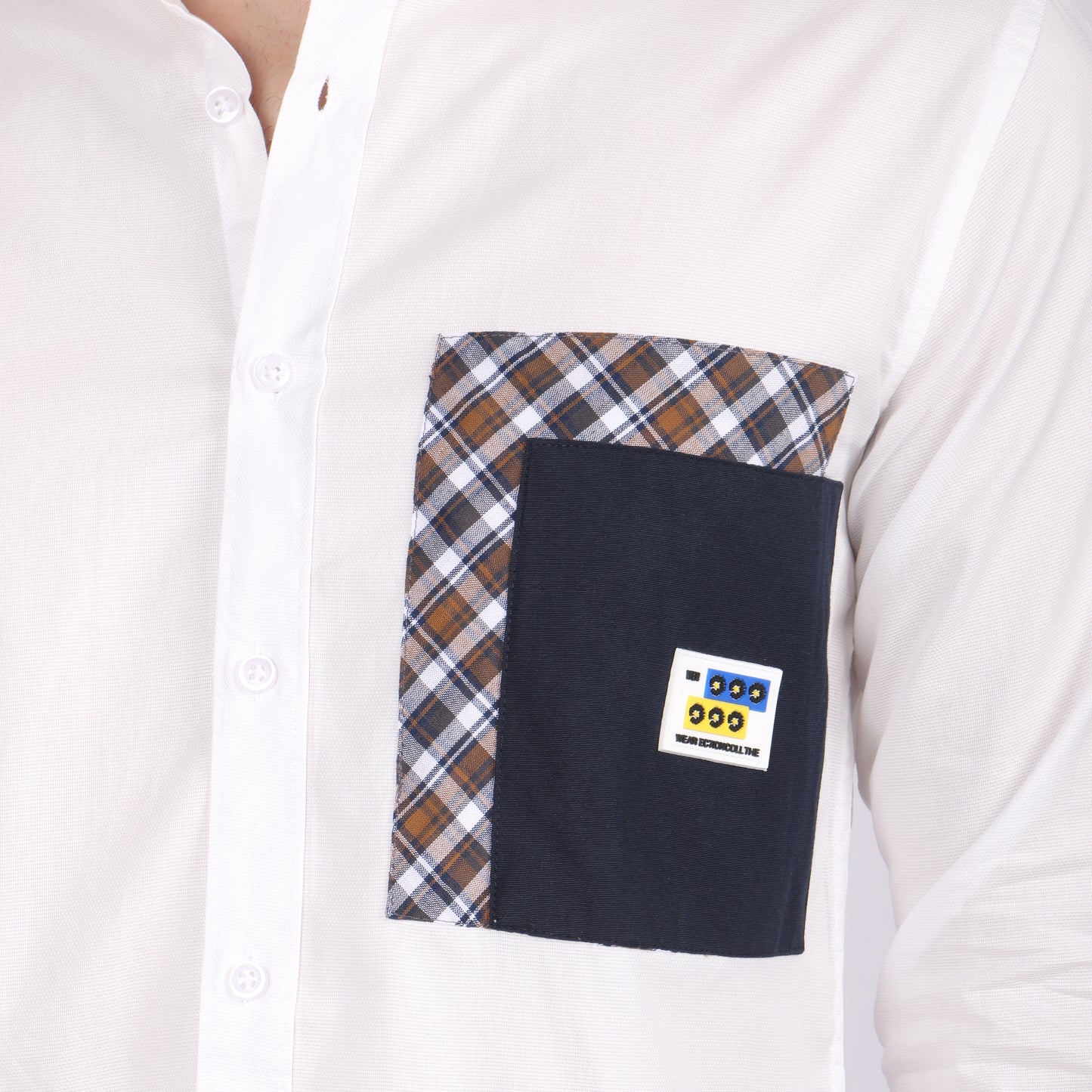 Men's White Designer Shirt with Checks Pocket Detail