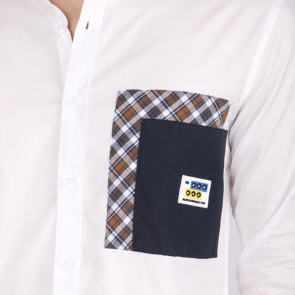 Men's White Designer Shirt with Checks Pocket Detail
