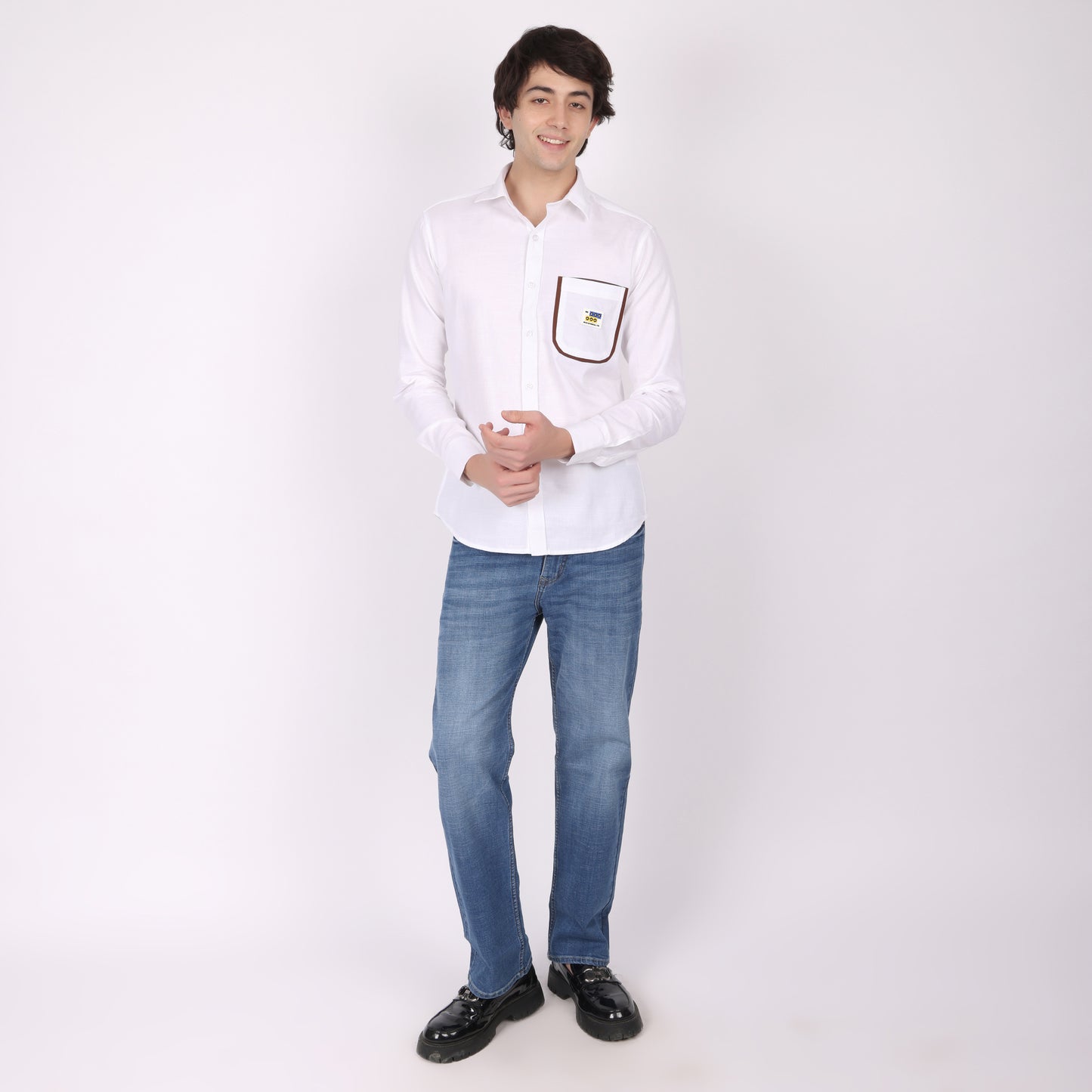 Men's White Designer Shirt with Contrast Pocket Detail
