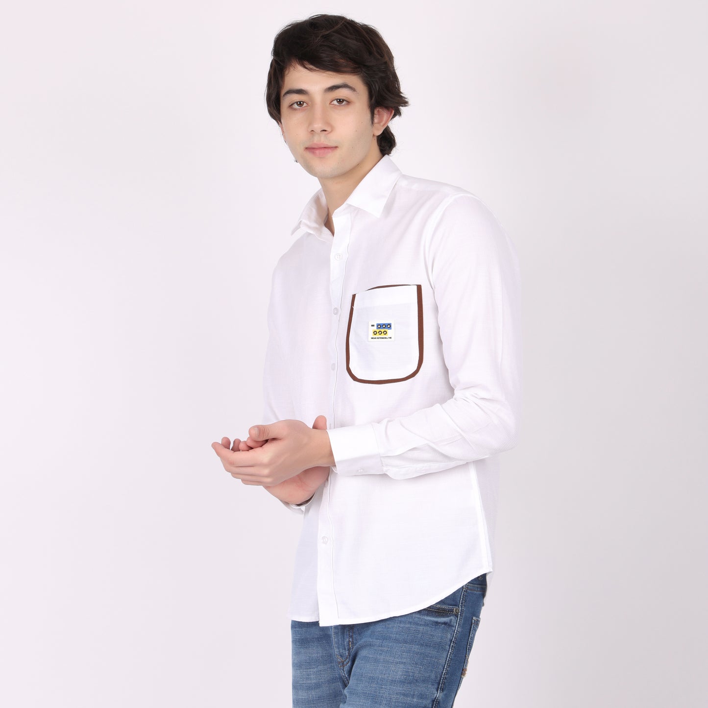Men's White Designer Shirt with Contrast Pocket Detail