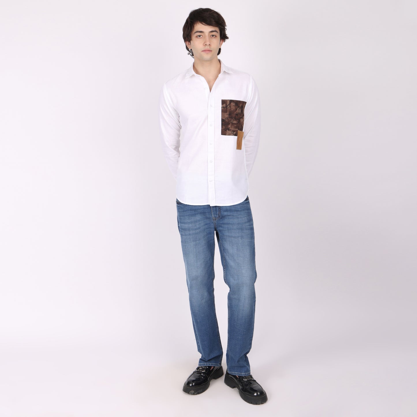 Men's White Designer Cotton Shirt with Printed Patchwork