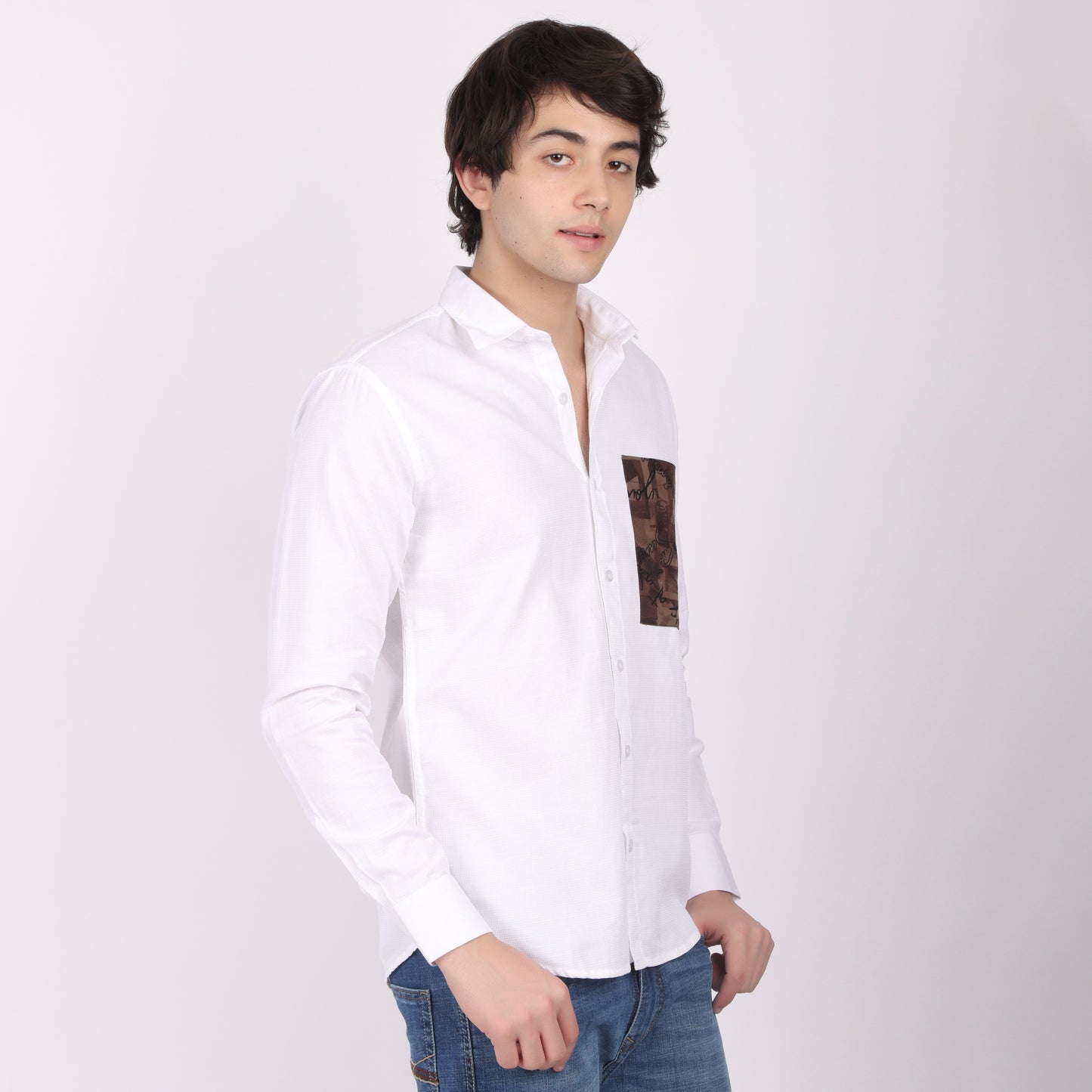 Men's White Designer Cotton Shirt with Printed Patchwork