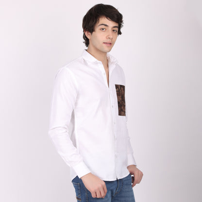 Men's White Designer Cotton Shirt with Printed Patchwork