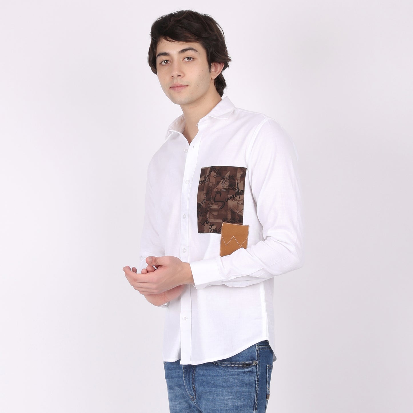 Men's White Designer Cotton Shirt with Printed Patchwork