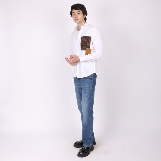 Men's White Designer Cotton Shirt with Printed Patchwork