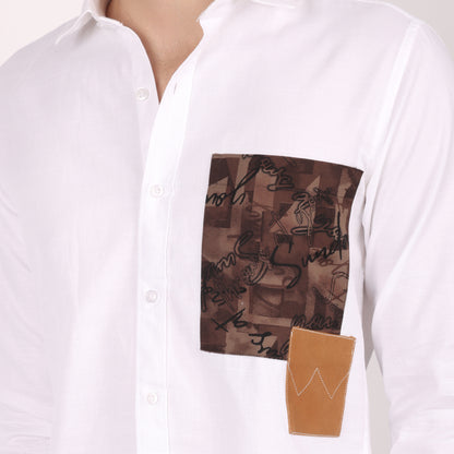 Men's White Designer Cotton Shirt with Printed Patchwork