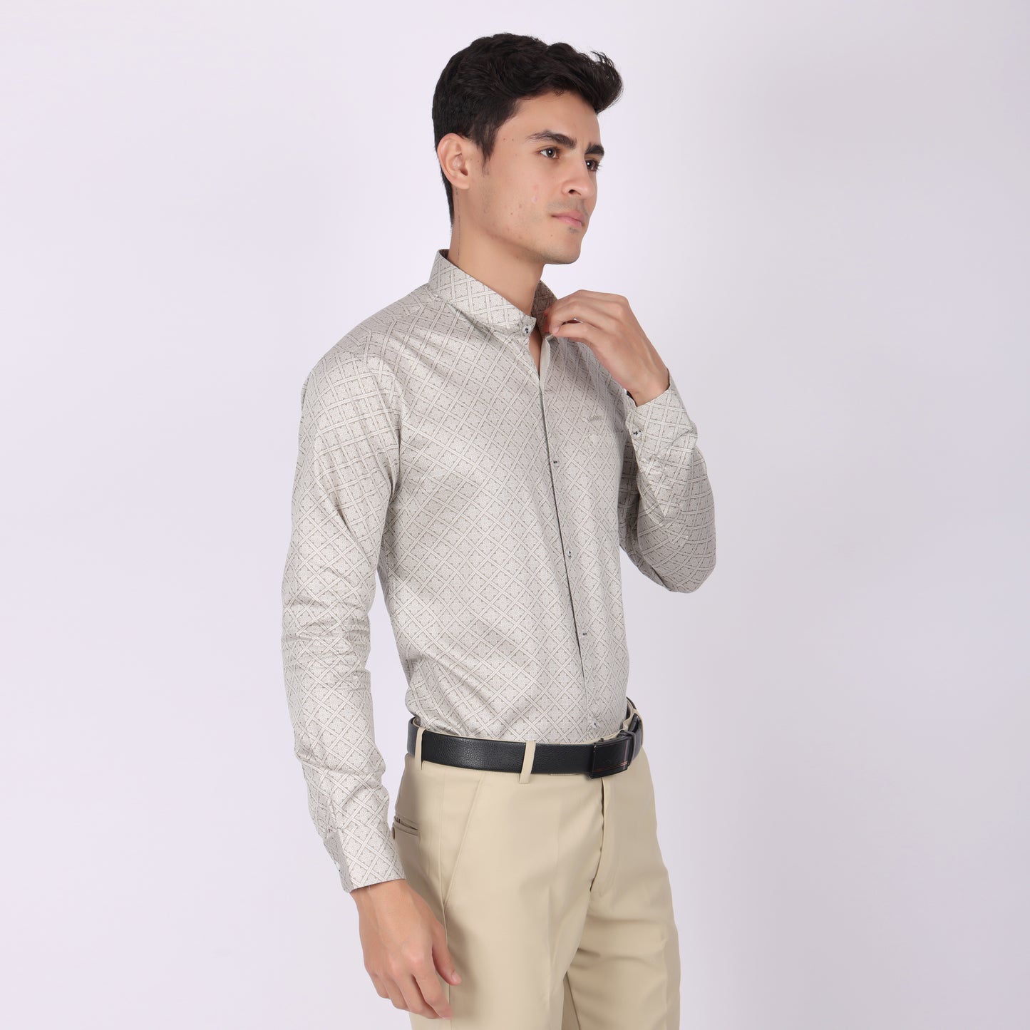 Men's Beige Geometric Printed Cotton Shirt