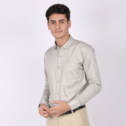 Men's Beige Geometric Printed Cotton Shirt