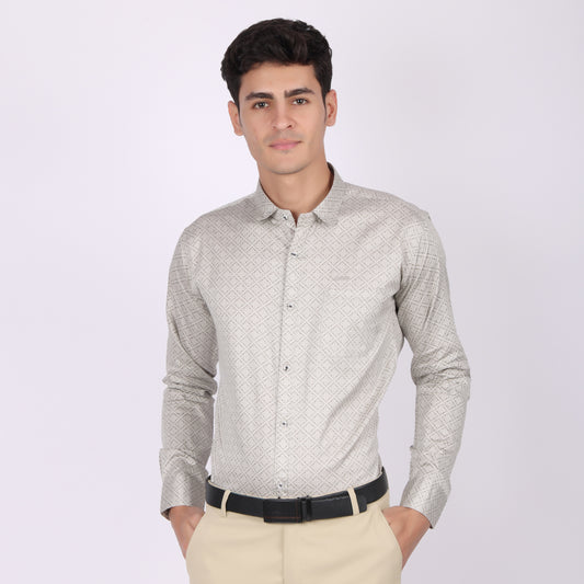 Men's Beige Geometric Printed Cotton Shirt