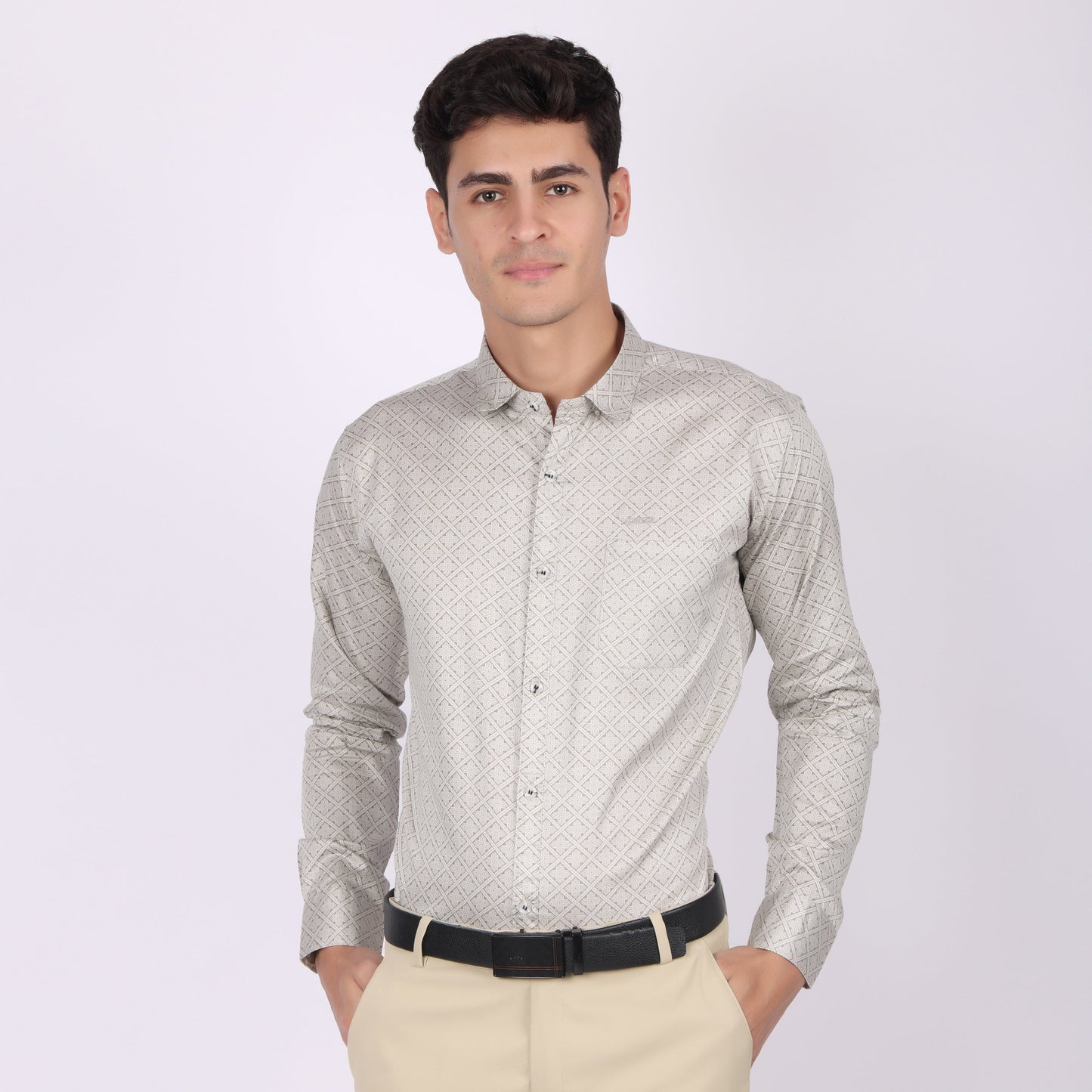 Men's Beige Geometric Printed Cotton Shirt for men