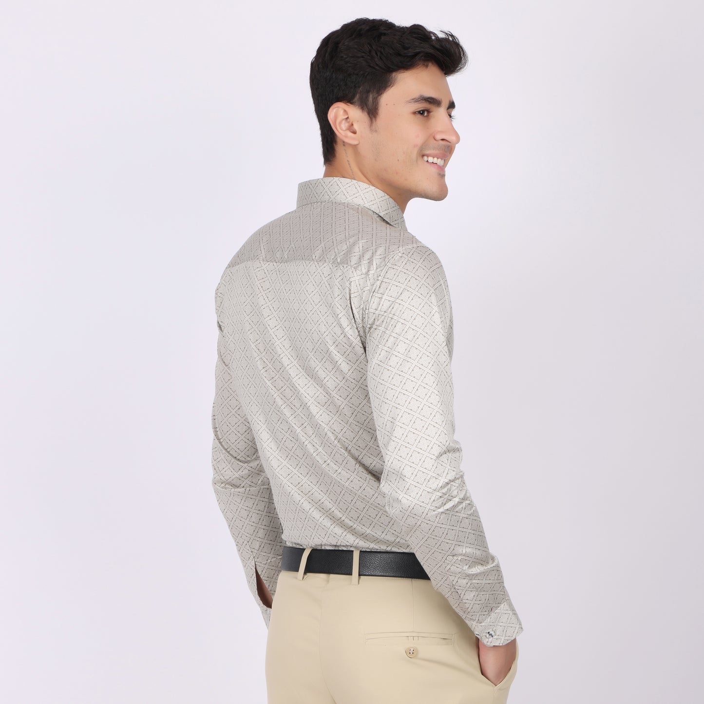 Men's Beige Geometric Printed Cotton Shirt