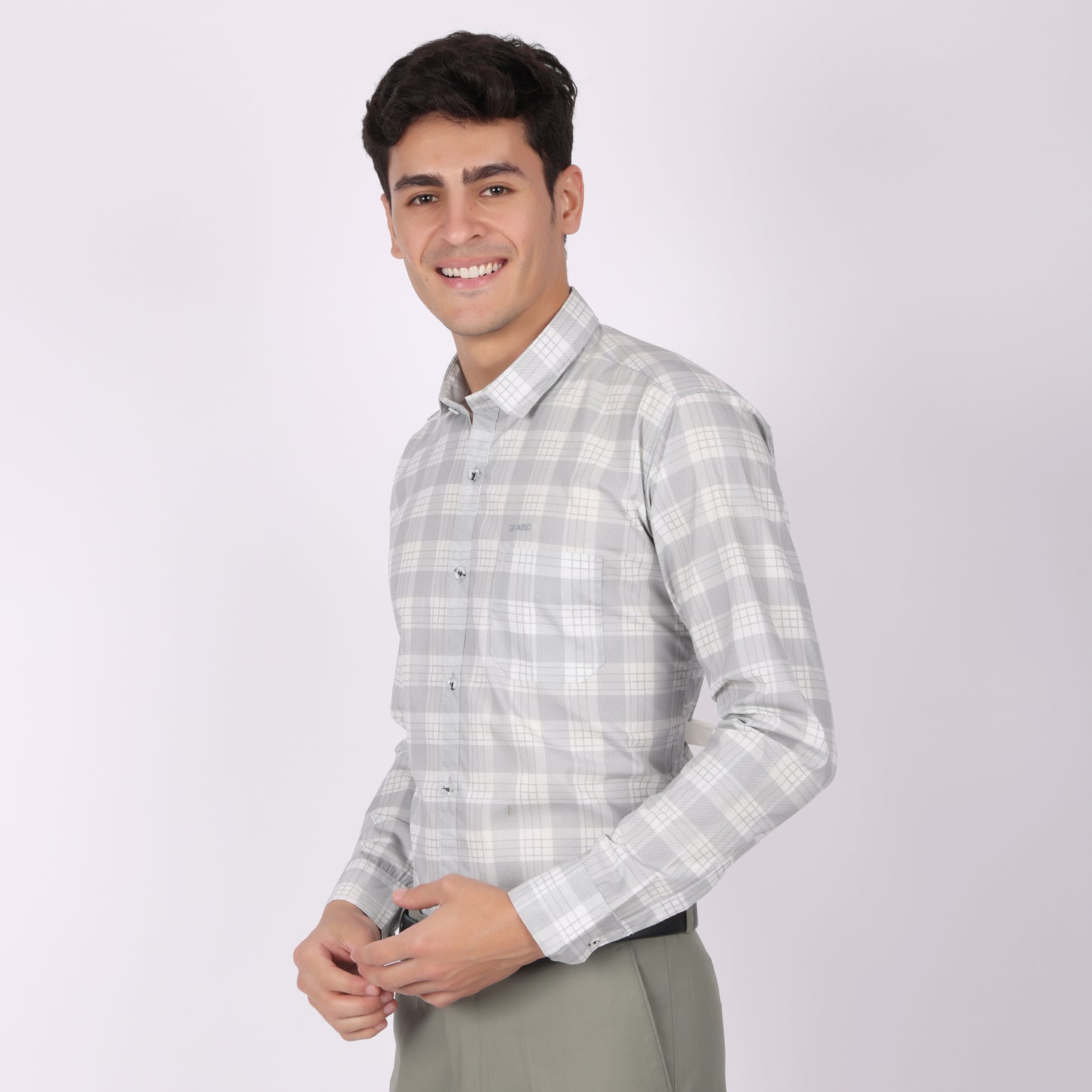 Men’s Grey & White Checkered Formal Shirt