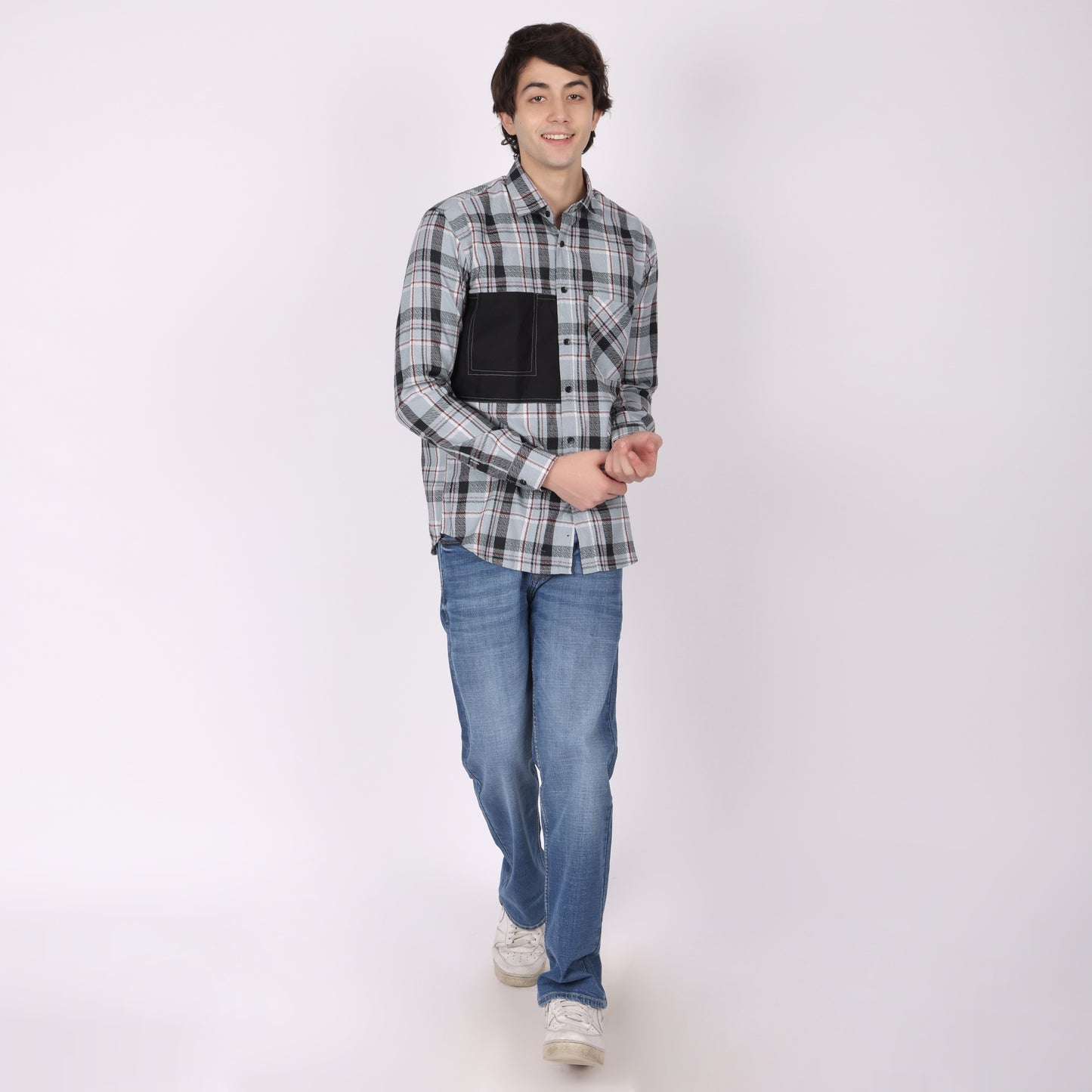 Men’s Blue & Grey Checkered Shirt with Contrast Patch Pocket