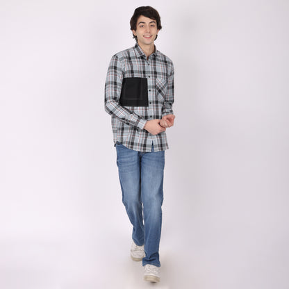 Men’s Blue & Grey Checkered Shirt with Contrast Patch Pocket