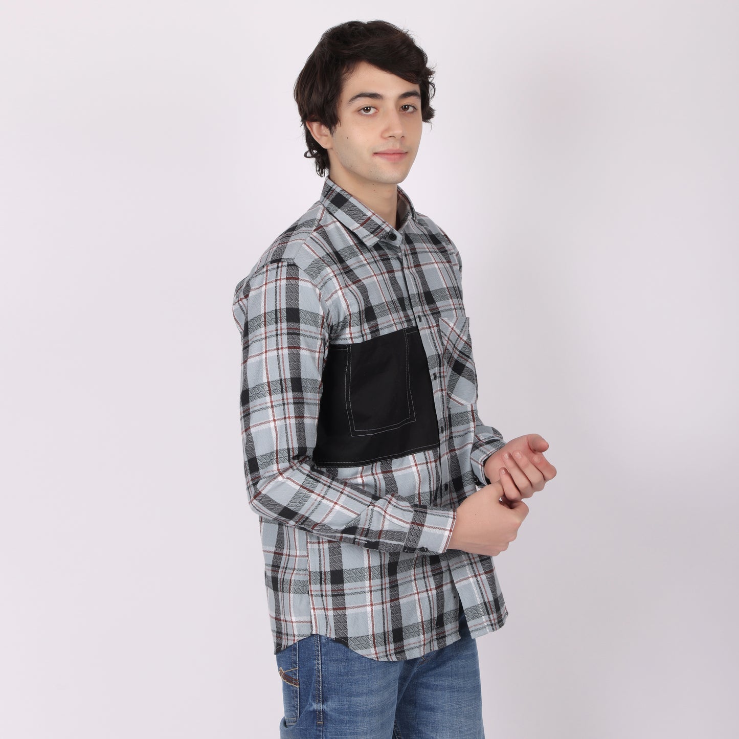 Men’s Blue & Grey Checkered Shirt with Contrast Patch Pocket