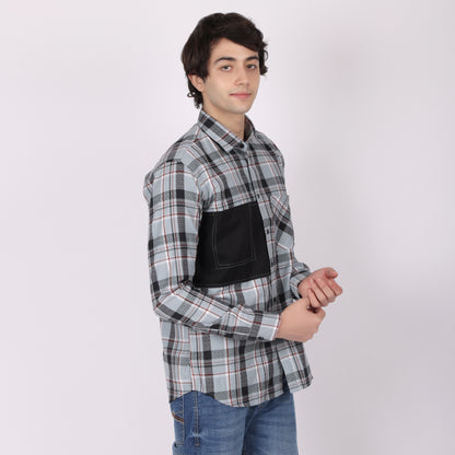 Men’s Blue & Grey Checkered Shirt with Contrast Patch Pocket