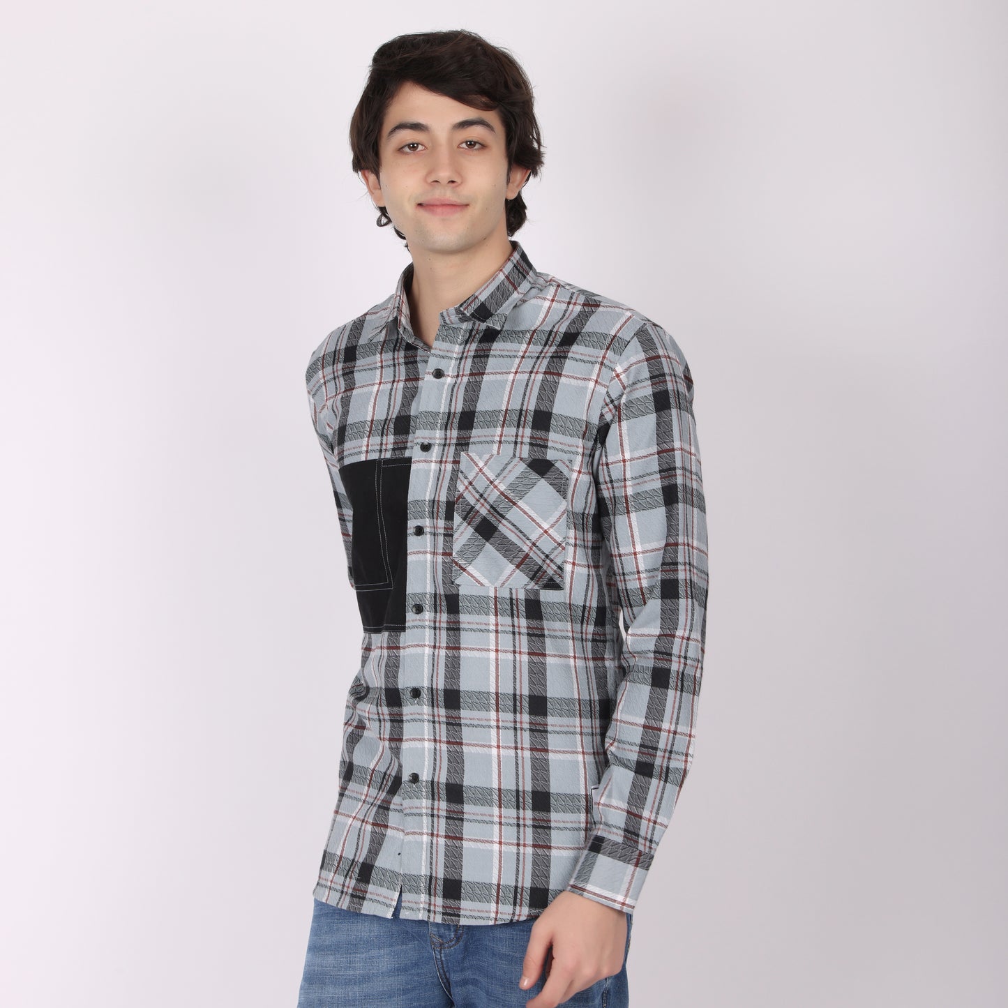 Men’s Blue & Grey Checkered Shirt with Contrast Patch Pocket