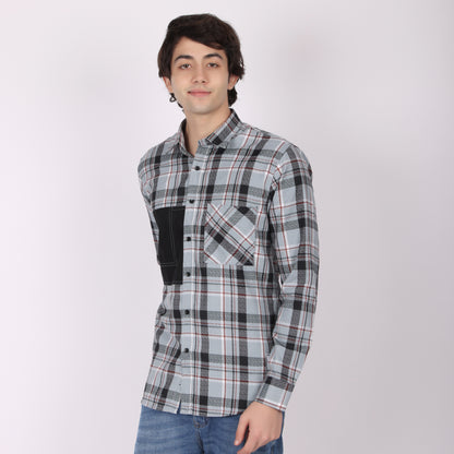 Men’s Blue & Grey Checkered Shirt with Contrast Patch Pocket