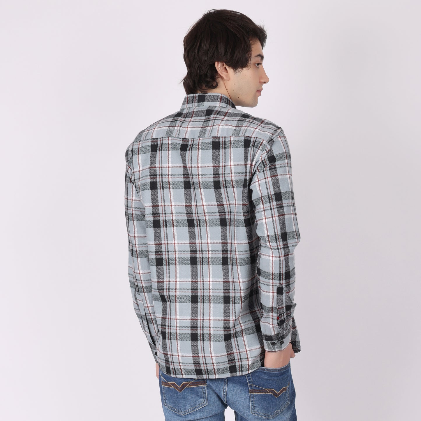 Men’s Blue & Grey Checkered Shirt with Contrast Patch Pocket