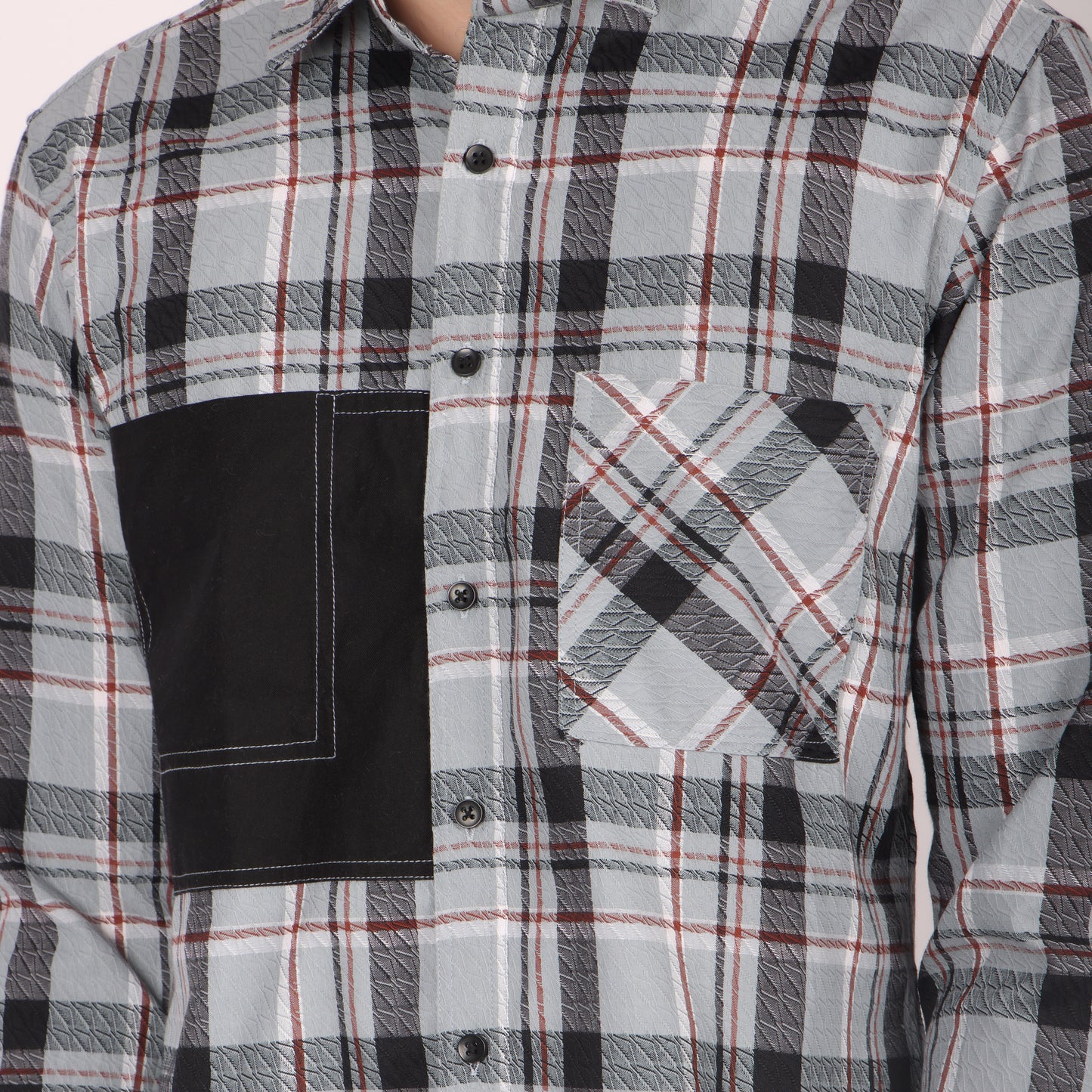 Men’s Blue & Grey Checkered Shirt with Contrast Patch Pocket