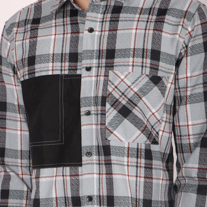 Men’s Blue & Grey Checkered Shirt with Contrast Patch Pocket