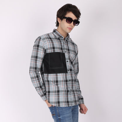 Men’s Blue & Grey Checkered Shirt with Contrast Patch Pocket