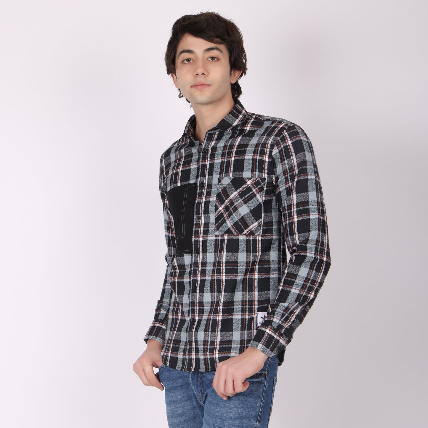 Men’s Black & Grey Checkered Shirt with Contrast Patch Pocket