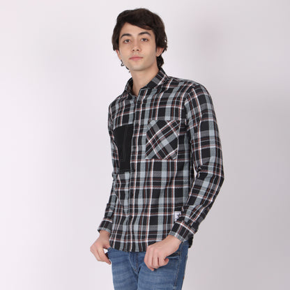 Men’s Black & Grey Checkered Shirt with Contrast Patch Pocket