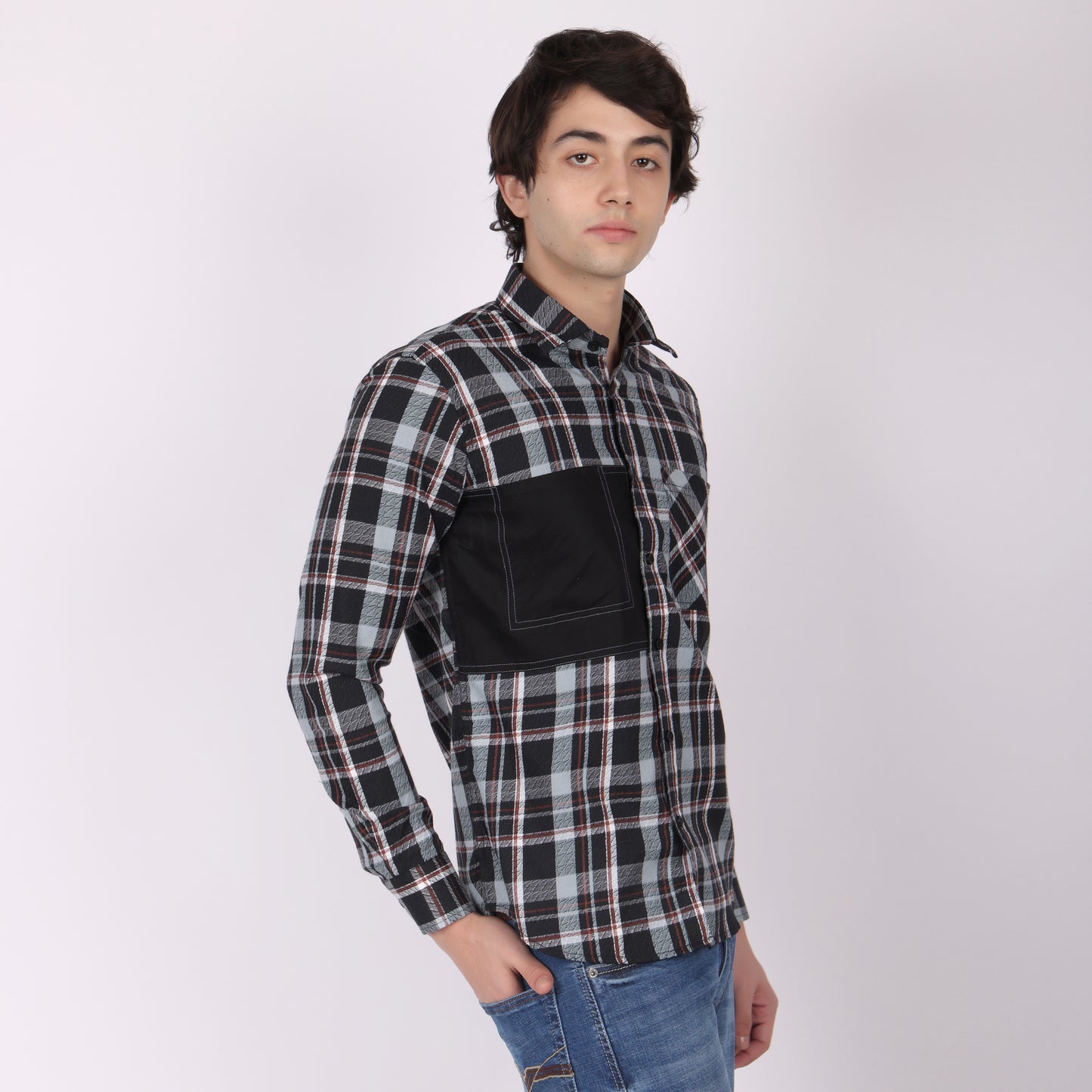 Men’s Black & Grey Checkered Shirt with Contrast Patch Pocket