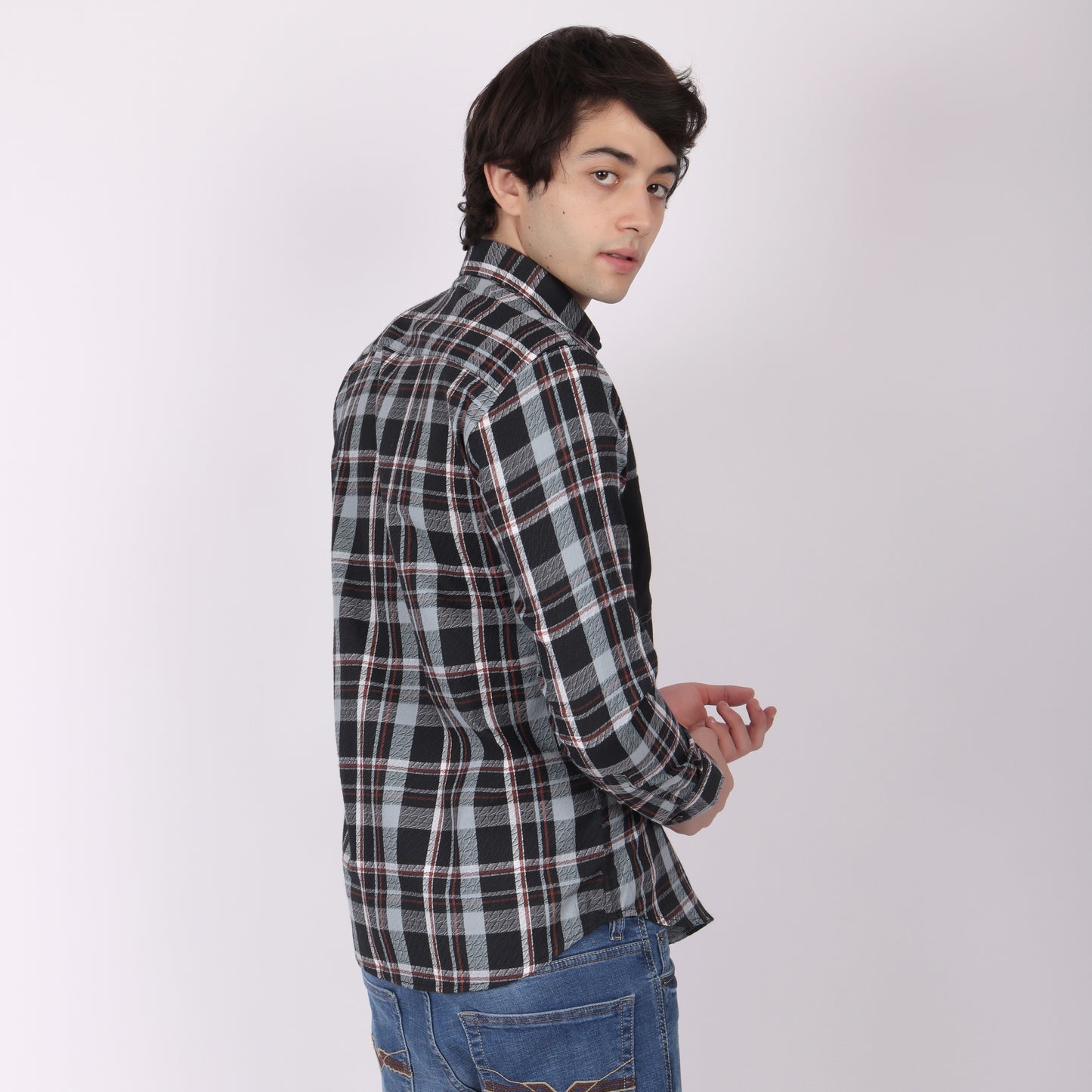 Men’s Black & Grey Checkered Shirt with Contrast Patch Pocket
