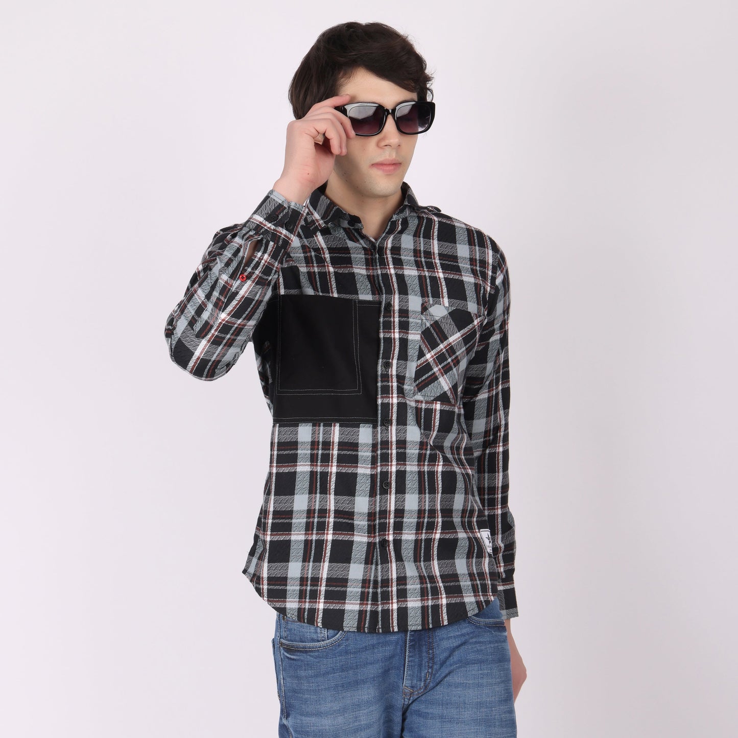 Men’s Black & Grey Checkered Shirt with Contrast Patch Pocket
