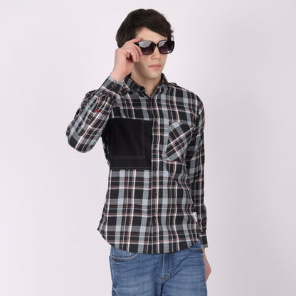 Men’s Black & Grey Checkered Shirt with Contrast Patch Pocket