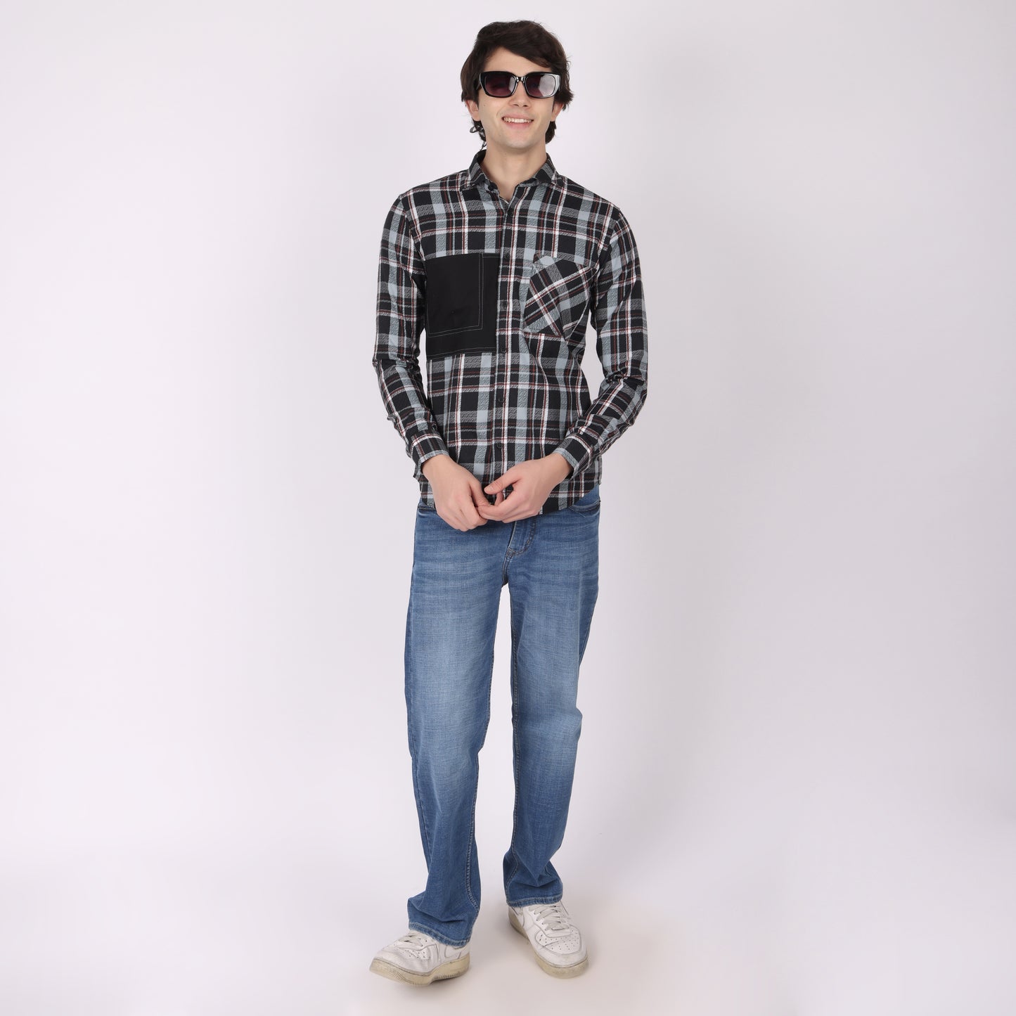 Men’s Black & Grey Checkered Shirt with Contrast Patch Pocket