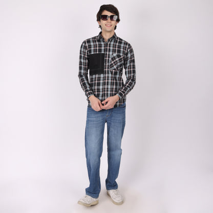 Men’s Black & Grey Checkered Shirt with Contrast Patch Pocket