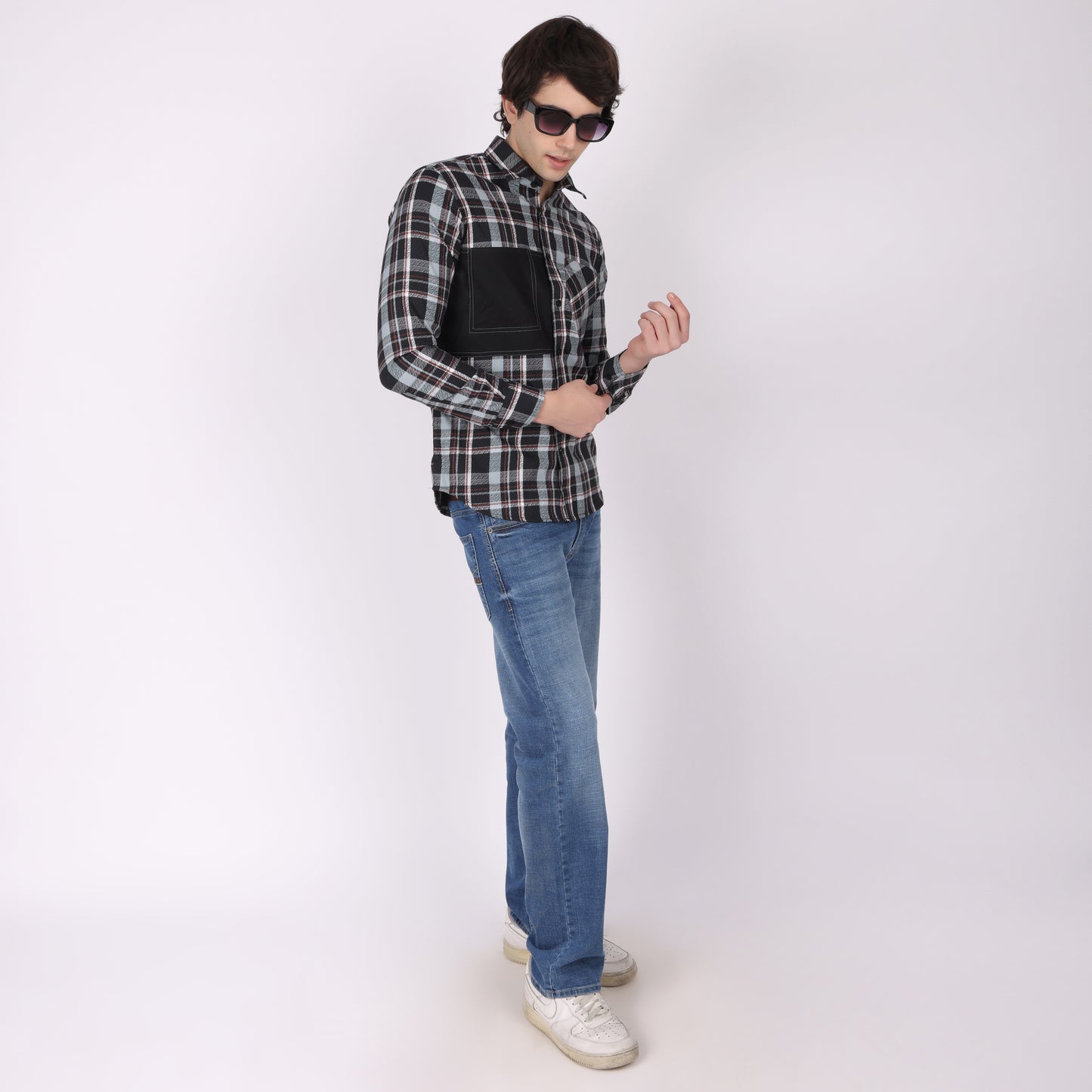 Men’s Black & Grey Checkered Shirt with Contrast Patch Pocket