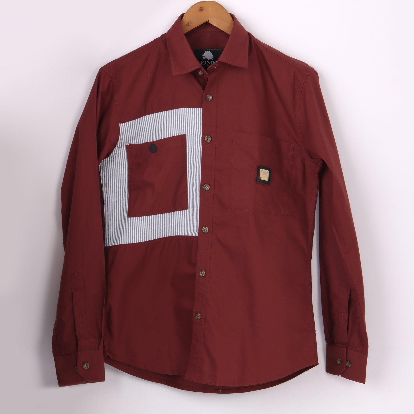 Lionies Dual Pocket Panel Shirt – Maroon & White Statement