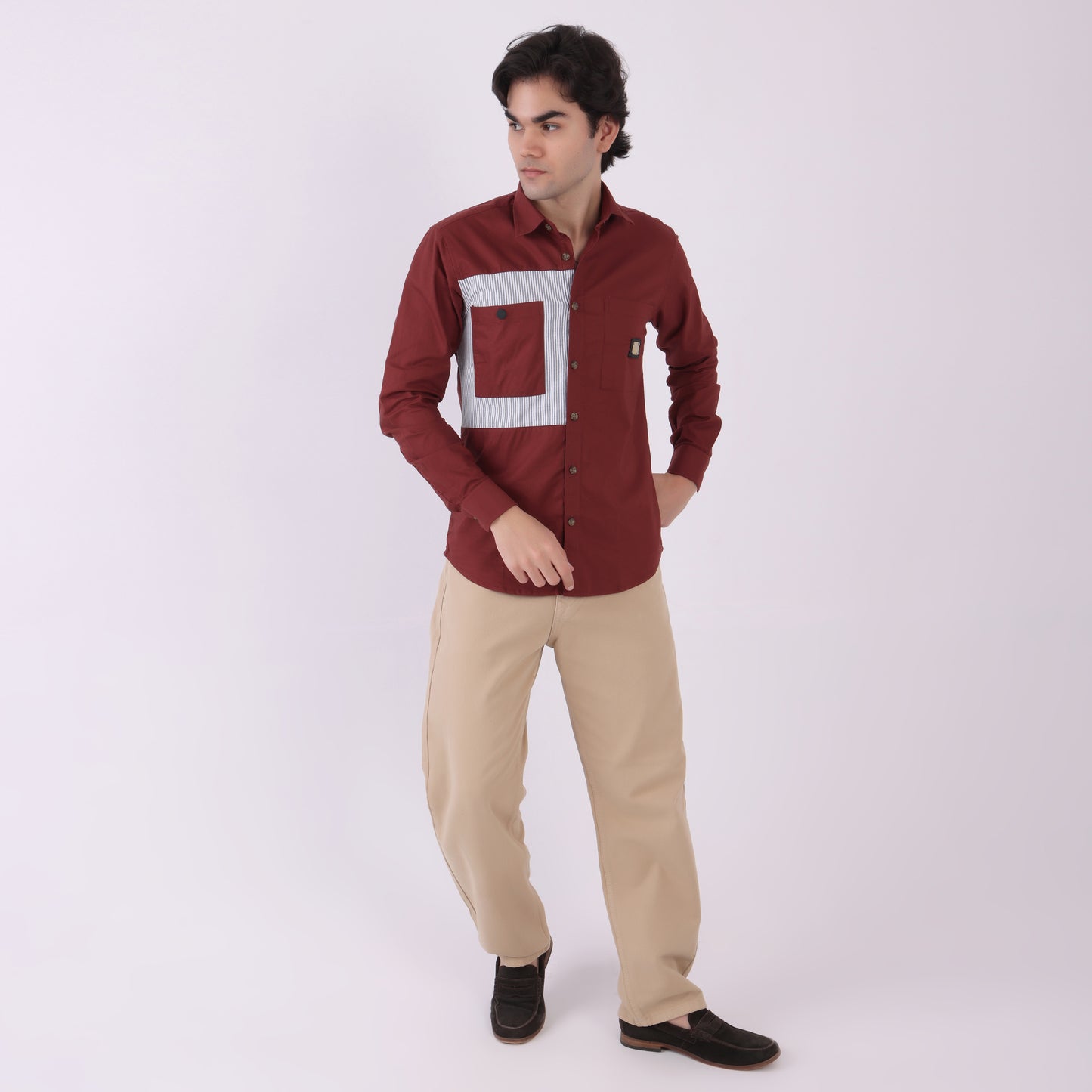 Lionies Dual Pocket Panel Shirt – Maroon & White Statement