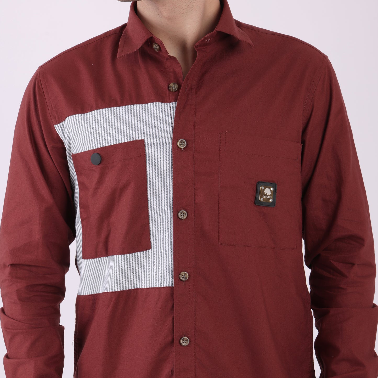 Lionies Dual Pocket Panel Shirt – Maroon & White Statement