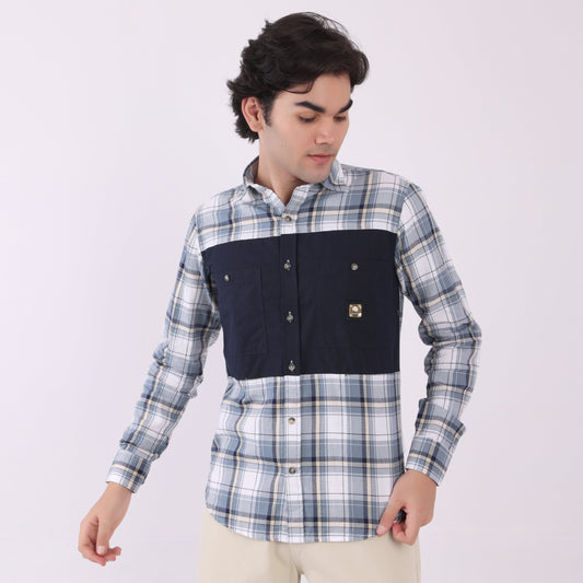 Lionies Men's Contrast Panel Checkered Shirt – Blue & White Casual Flannel