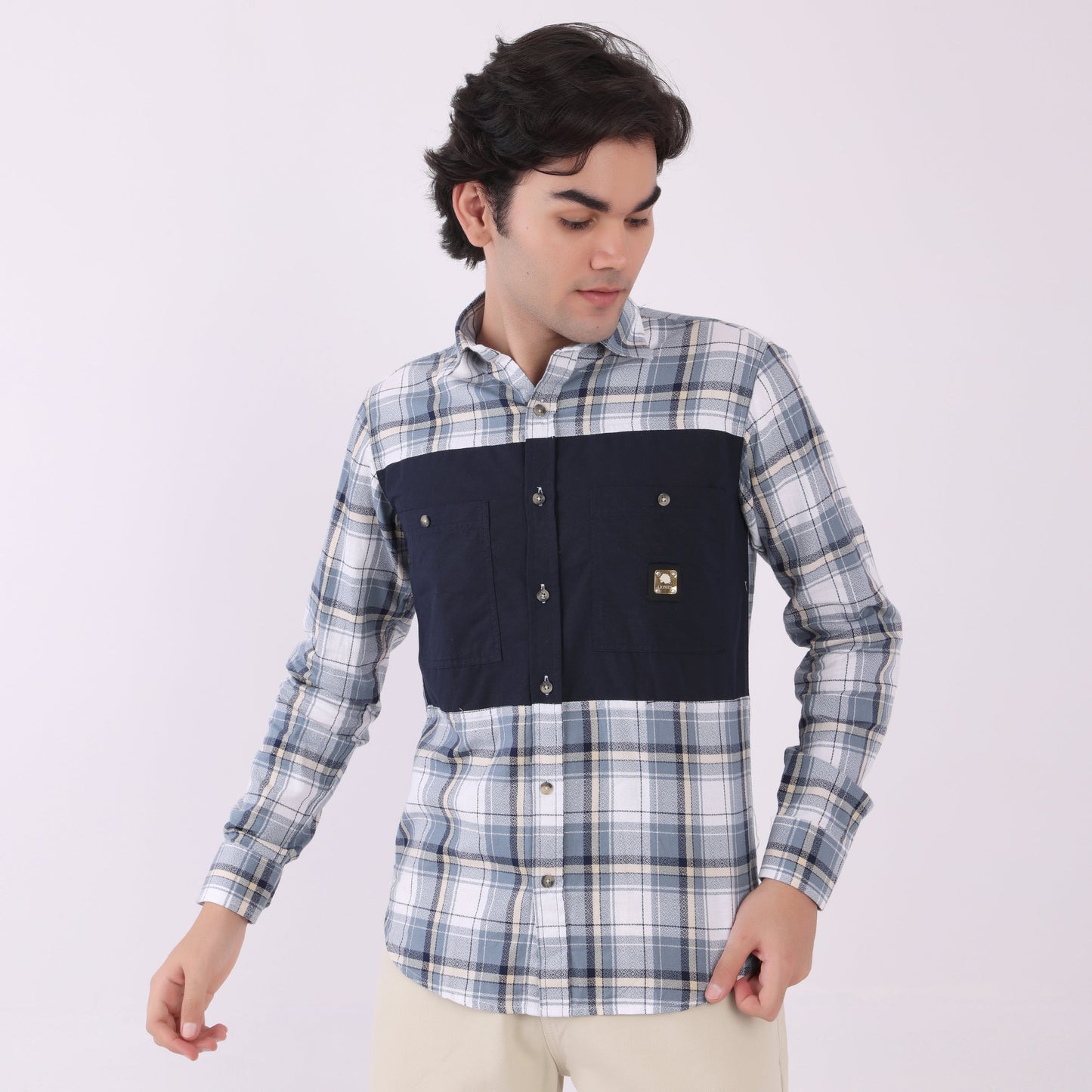 Lionies Men's Contrast Panel Checkered Shirt – Blue & White Casual Flannel