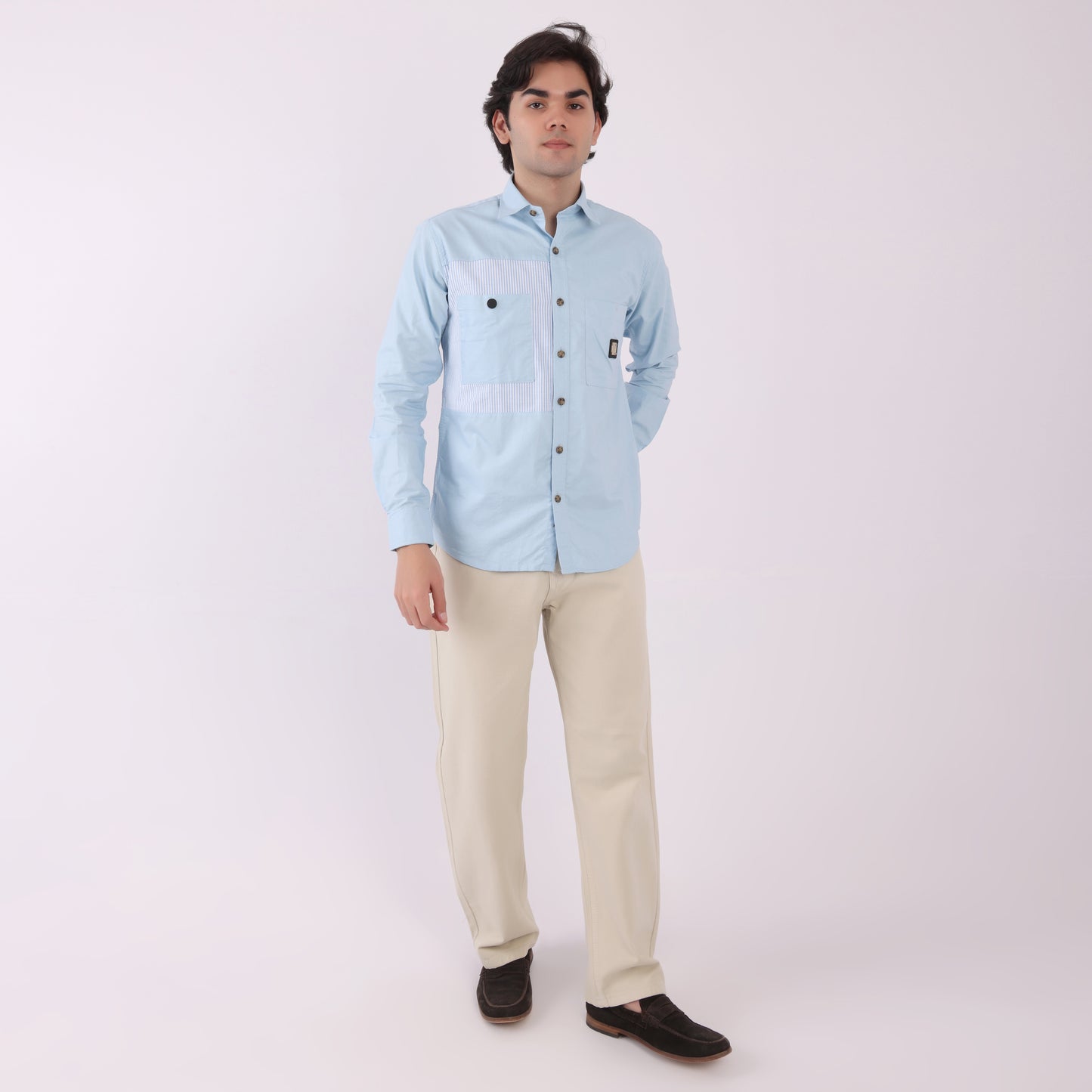 Lionies Dual Pocket Panel Shirt –Sky Blue & White Statement