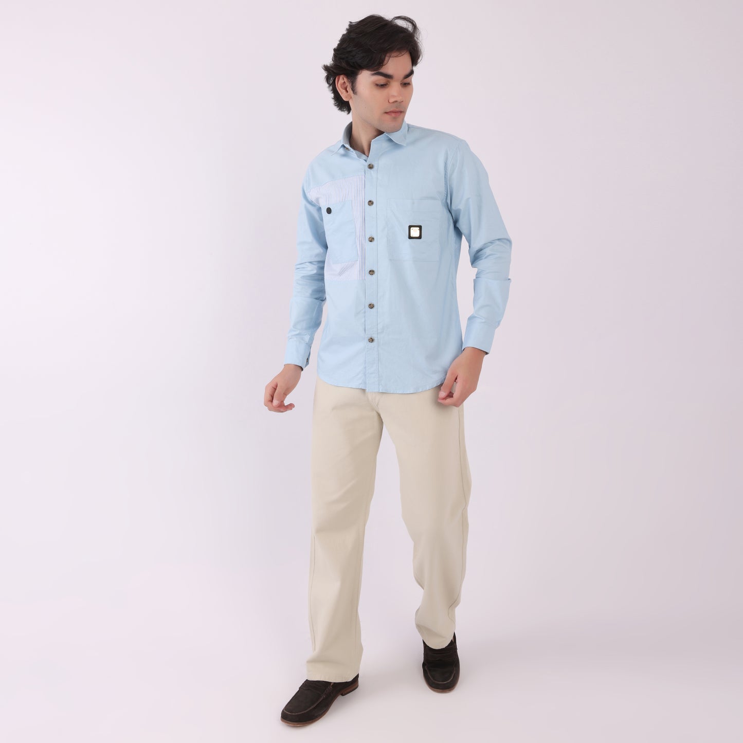 Lionies Dual Pocket Panel Shirt –Sky Blue & White Statement
